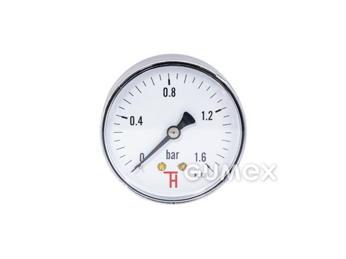 Manometer štandardný so zadným vývodom, priemer 63mm, vonkajší závit G 1/4", 0-1,6bar, trieda presnosti 1,6%, priezor akryl, púzdro oceľ, -40°C/+60°